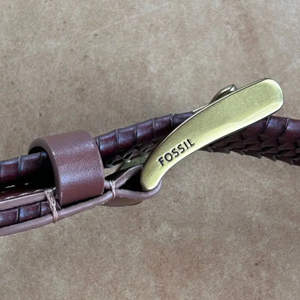 Fossil Maddox Genuine Leather Woven Belt Brown Solid Brass Buckle Western 38
